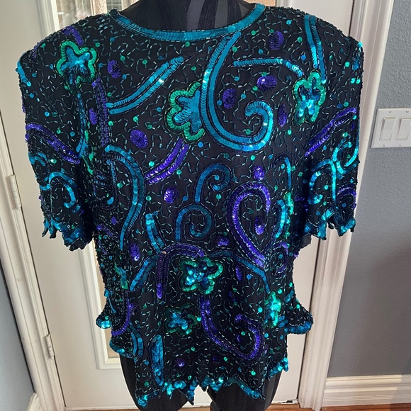Laurence Kazar Tops - VTG Sequin Glitter Outfit Showgirl Release Party Ophelia Black Purple Top 1X